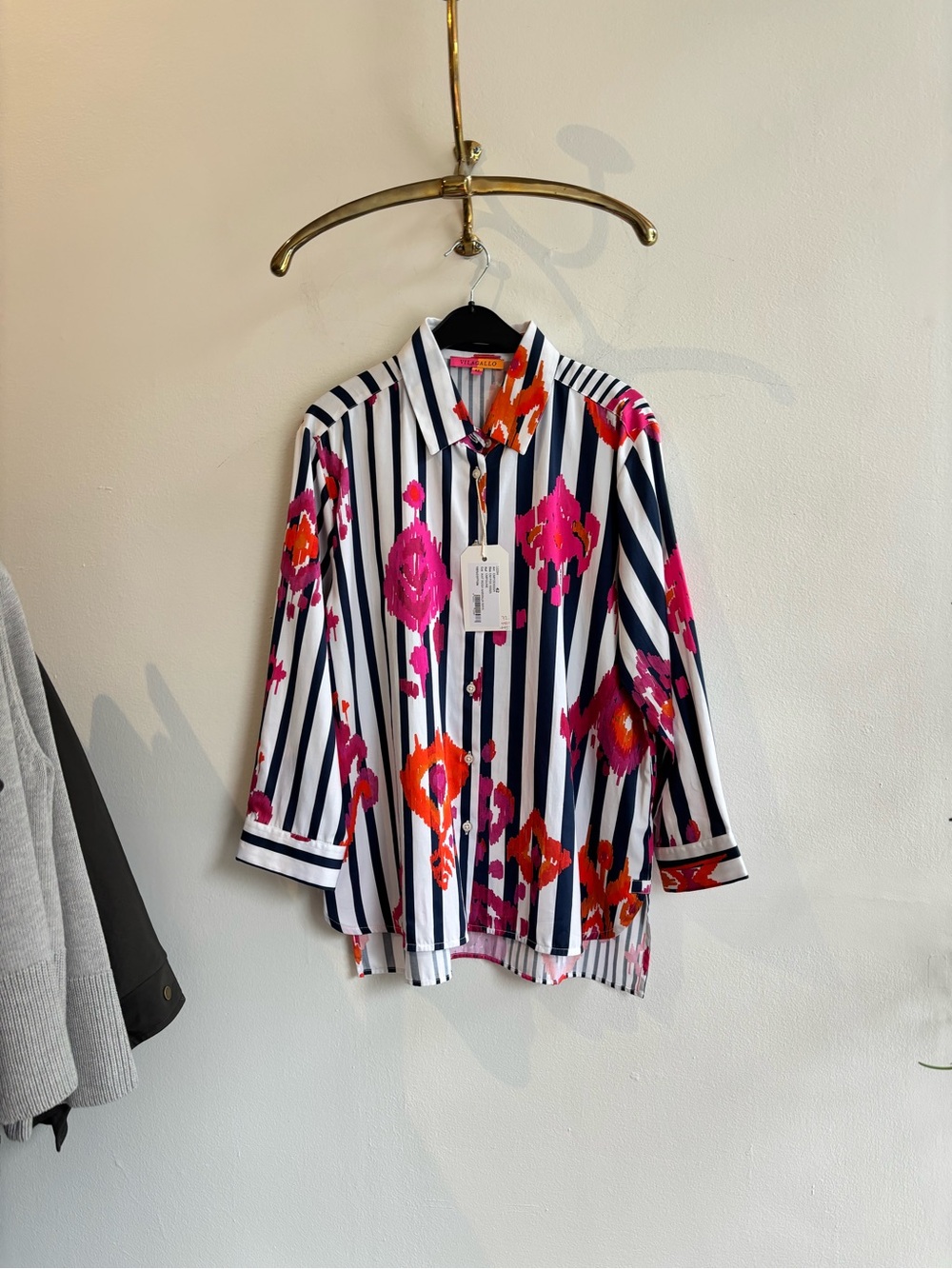 Vilagallo Navy & White Striped Shirt with Pink & Orange Motif